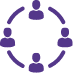 Ein violettes Symbol, das eine kreisförmige Anordnung von fünf stilisierten menschlichen Figuren zeigt und Verbindung oder Gemeinschaft symbolisiert.