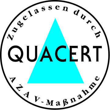 Ein rundes Logo mit dem Wort QUACERT über einem hellblauen Dreieck, das persönliche Entwicklungsperspektiven (PEp) symbolisiert. Der Text am Rand lautet 
