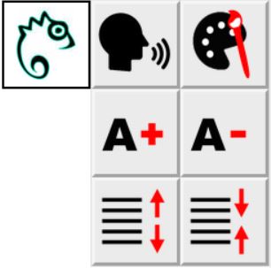 Symbole, die Online-Zugänglichkeitsoptionen darstellen: ein Chamäleon, Sprache, Farbanpassung mit Palette und Pinsel, Textgrößenanpassungen mit „A+“ und „A-“ und Textausrichtung mit roten Pfeilen, die die vertikale Anpassung anzeigen. Inspiriert von Barrierefreiheit bei der Stiftung Haus Lindenhof.