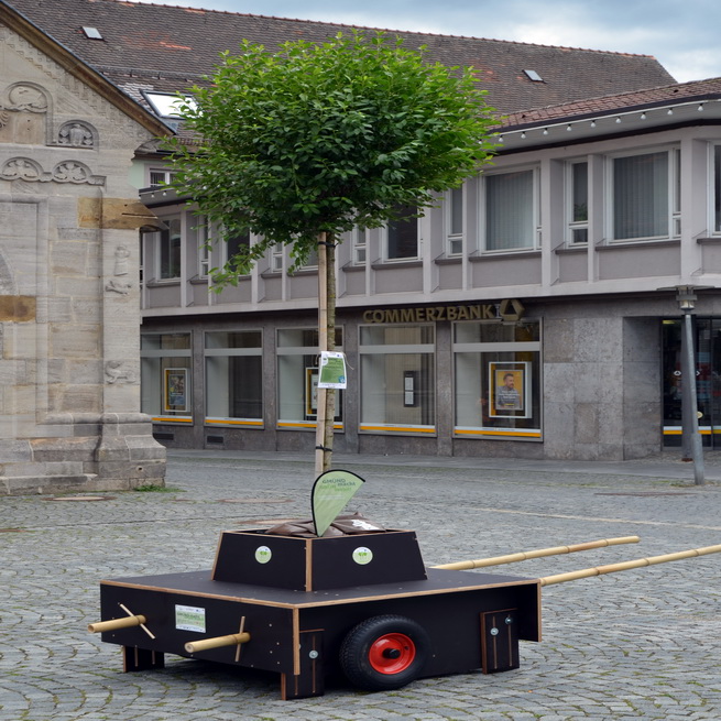 Ein Topfbaum auf einem Rollwagen auf einem Kopfsteinpflasterplatz spiegelt das Wesen der Wanderbaumallee in Schwäbisch Gmünd wider. Der Wagen mit einem kleinen roten Rad und Holzgriffen steht unter dem bewölkten Himmel, im Hintergrund ist das Logo der „Commerzbank“ zu sehen.