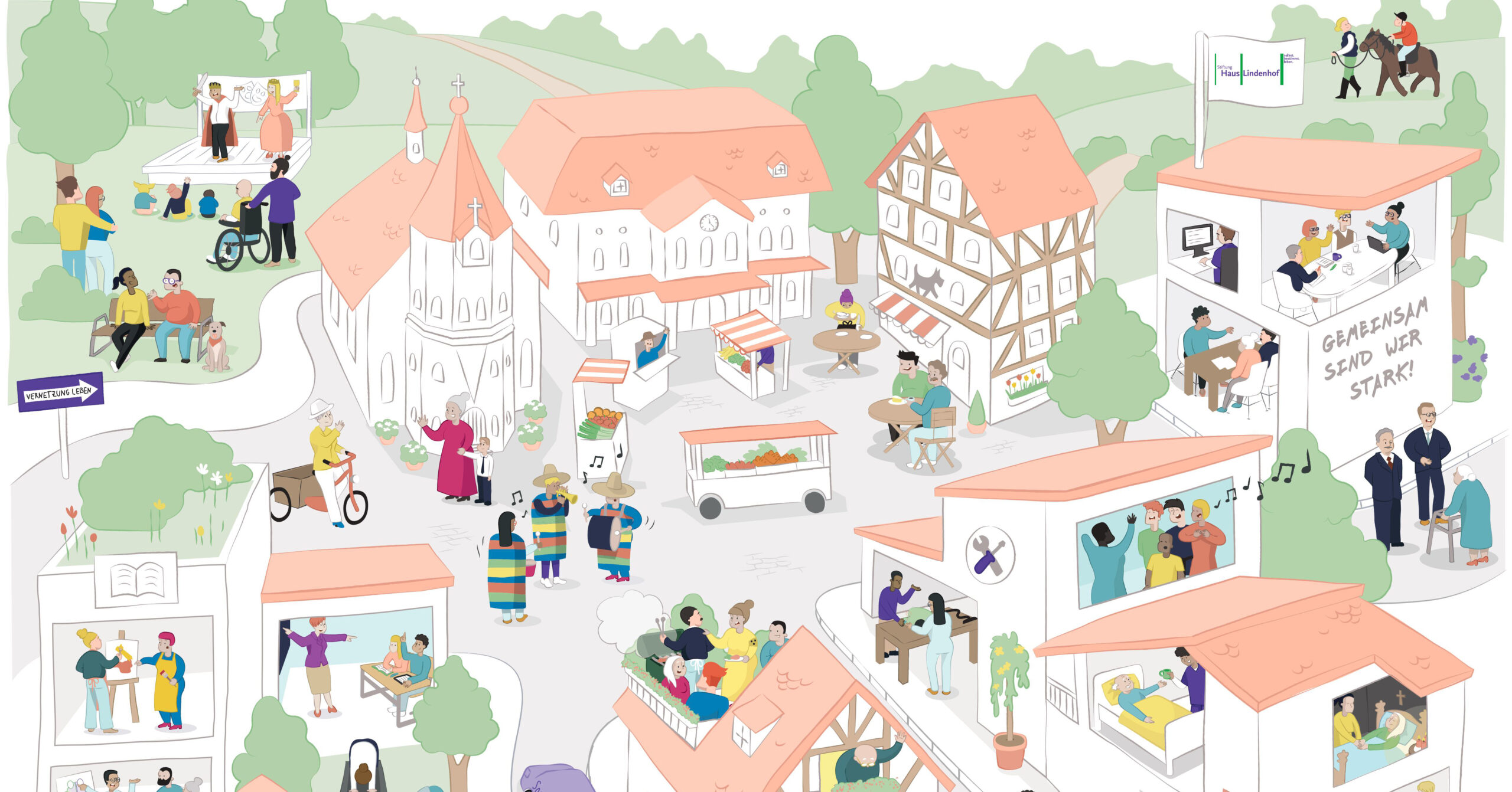 Diese lebendige Gemeinschaftsszene zeigt einen Ort, der reich an sozialraumorientierter Arbeit ist, wo unterschiedliche Menschen Aktivitäten nachgehen, wie zum Beispiel den Markt besuchen, Musik und Essen genießen oder medizinische Versorgung und Bildung in Anspruch nehmen. Malerische Gebäude und Bäume säumen den gewundenen Weg durch diesen dynamischen Ort. Diese lebendige Gemeinschaftsszene zeigt einen Ort, der reich an sozialraumorientierter Arbeit ist, wo unterschiedliche Menschen Aktivitäten nachgehen, wie zum Beispiel den Markt besuchen, Musik und Essen genießen oder medizinische Versorgung und Bildung in Anspruch nehmen. Malerische Gebäude und Bäume säumen den gewundenen Weg durch diesen dynamischen Ort.