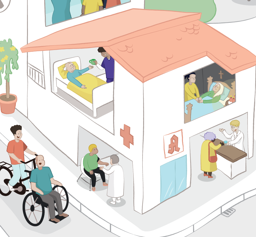 Illustration einer mehrstöckigen Gesundheitseinrichtung. Eine Pflegekraft verabreicht einer Person im Bett eine Tablette, eine andere erhält eine Spritze. An einem Schreibtisch findet eine Diskussion zum Thema sozialraumorientierte Arbeit statt, im Vordergrund stehen zwei Personen, eine davon im Rollstuhl. Illustration einer mehrstöckigen Gesundheitseinrichtung. Eine Pflegekraft verabreicht einer Person im Bett eine Tablette, eine andere erhält eine Spritze. An einem Schreibtisch findet eine Diskussion zum Thema sozialraumorientierte Arbeit statt, im Vordergrund stehen zwei Personen, eine davon im Rollstuhl.
