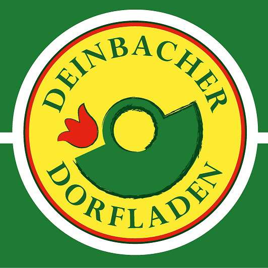 Ein kreisförmiges Logo mit gelber Mitte und grünem Rand trägt die Aufschrift Deinbacher Dorfladen. Das Design zeigt eine grüne abstrakte Form mit einer roten Tulpenblüte auf der linken Seite. Ein kreisförmiges Logo mit gelber Mitte und grünem Rand trägt die Aufschrift Deinbacher Dorfladen. Das Design zeigt eine grüne abstrakte Form mit einer roten Tulpenblüte auf der linken Seite.