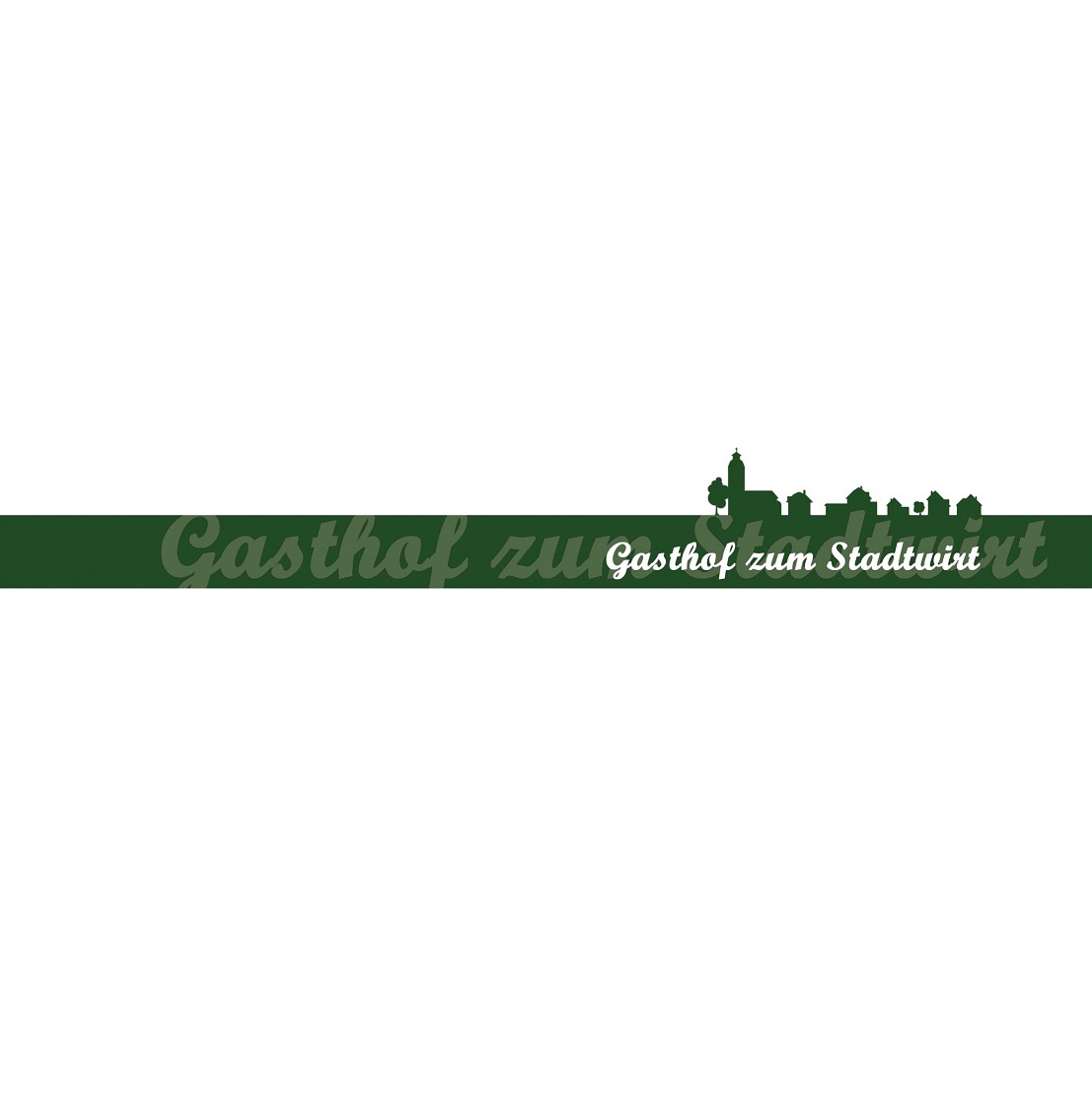 Grüne Silhouette einer Stadtsilhouette mit Bäumen über einem dunkelgrünen horizontalen Balken. Der Schriftzug Grüne Silhouette einer Stadtsilhouette mit Bäumen über einem dunkelgrünen horizontalen Balken. Der Schriftzug