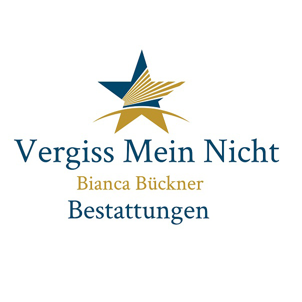 Logo mit einem blau-goldenen Stern über dem Text Vergiss Mein Nicht in Blau, Bianca Bückner in Gold und Bestattungen in Blau, alles auf weißem Hintergrund. Logo mit einem blau-goldenen Stern über dem Text Vergiss Mein Nicht in Blau, Bianca Bückner in Gold und Bestattungen in Blau, alles auf weißem Hintergrund.
