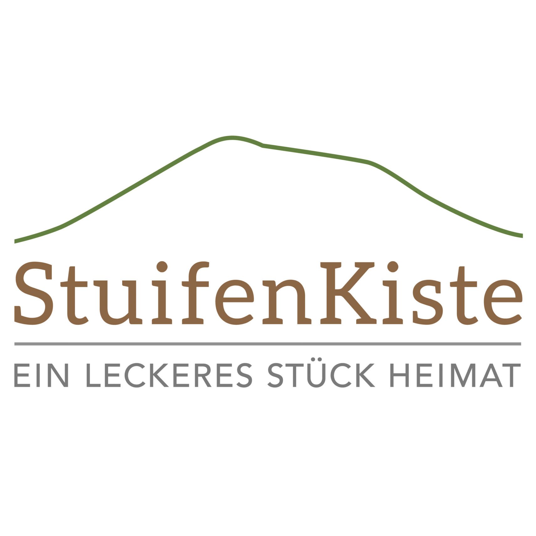 Logo mit einem einfachen grünen Umriss eines Berges über dem Schriftzug StuifenKiste in Braun und EIN LECKERES STÜCK HEIMAT in grauen Großbuchstaben darunter. Logo mit einem einfachen grünen Umriss eines Berges über dem Schriftzug StuifenKiste in Braun und EIN LECKERES STÜCK HEIMAT in grauen Großbuchstaben darunter.