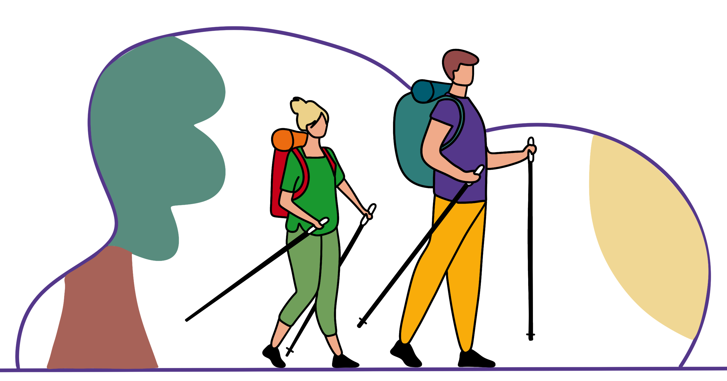 Illustration von zwei wandernden Personen mit Rucksäcken, die nebeneinander auf einem Pfad durch das Lindenhof-Gelände gehen, mit einem großen Baum auf der linken Seite und einer gelben Sonne oder einem gelben Mond im Hintergrund.