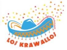 Ein stilisierter blauer und gelber Sombrero-Hut mit buntem Konfetti, darunter der Schriftzug LOS KRAWALLOS in fetten roten Buchstaben, fängt den festlichen Geist von Los Krawallos ein.