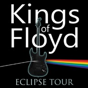 Schwarzer Hintergrund mit einer schwarzen E-Gitarre in der Mitte, weißer Text mit der Aufschrift Kings of Floyd Eclipse Tour und ein Regenbogen-Prismeneffekt aus Pink Floyds Dark Side of the Moon, der die Gitarre durchschneidet - eine unvergessliche Pink-Floyd-Show für Fans von Live-Musik.