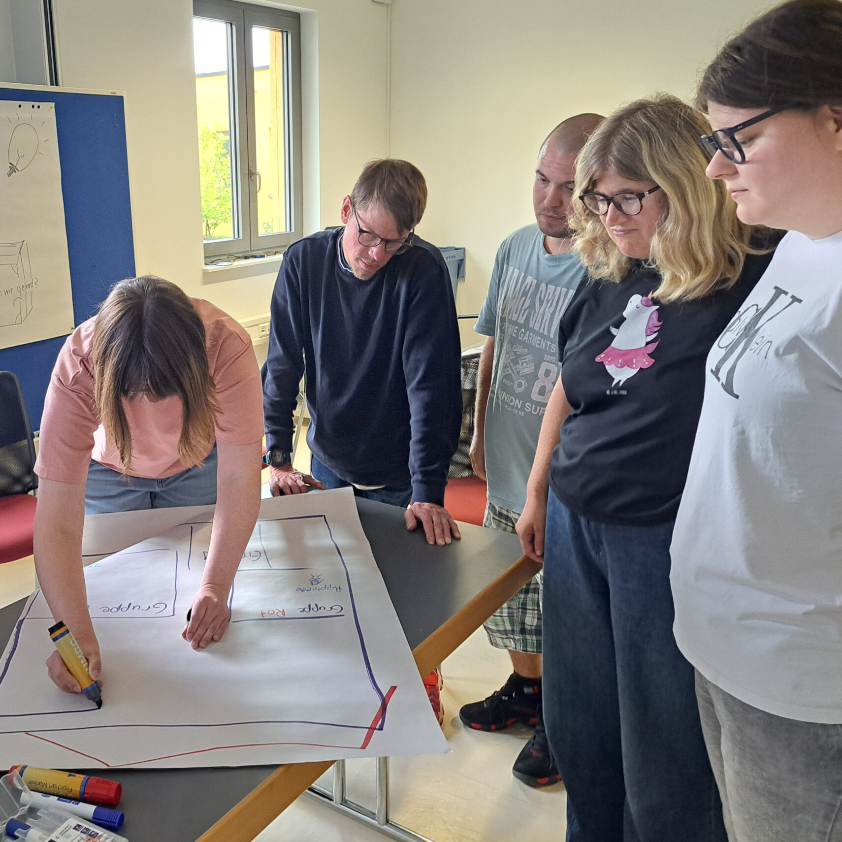 Fünf Personen stehen um einen Tisch, während eine Person mit einem roten Marker auf ein großes Blatt Papier schreibt. Die anderen beobachten genau, was wie ein Lehrgang für Assistent:in der Kindertagesstätte aussieht, mit einem Fenster und einem Flipchart im Hintergrund.