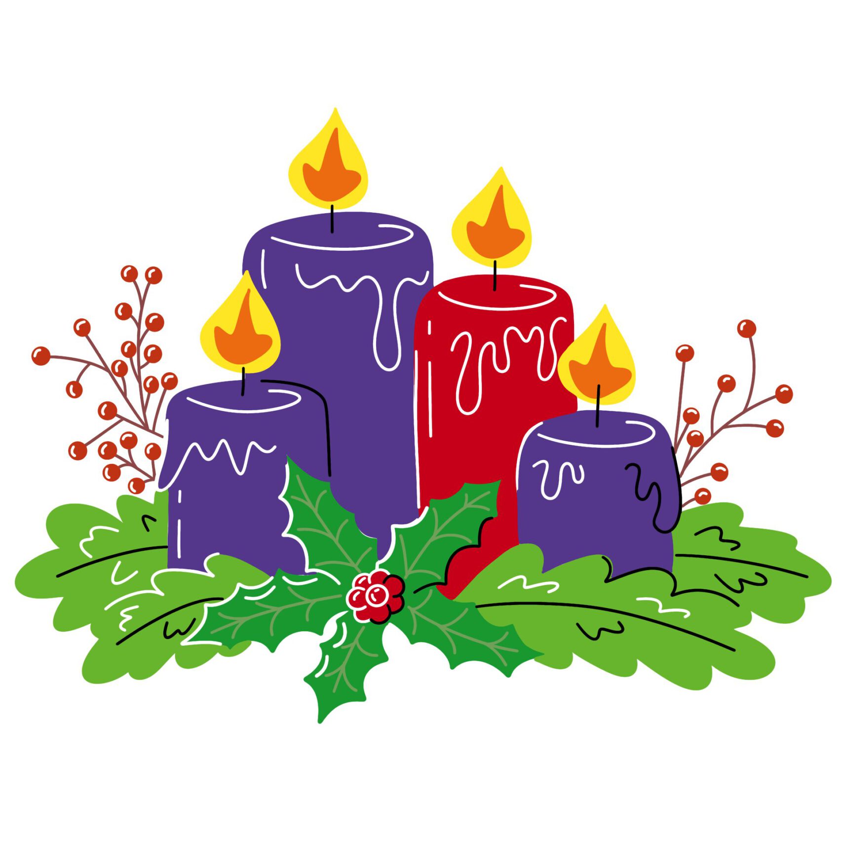 Vier brennende Kerzen - drei lilafarbene und eine rosafarbene - sitzen inmitten von Stechpalmenblättern und roten Beeren, deren Flammen hell leuchten, während sie schmelzen. Der weiße Hintergrund unterstreicht die festlichen Farben und eignet sich perfekt für ein Adventsgewinnspiel.