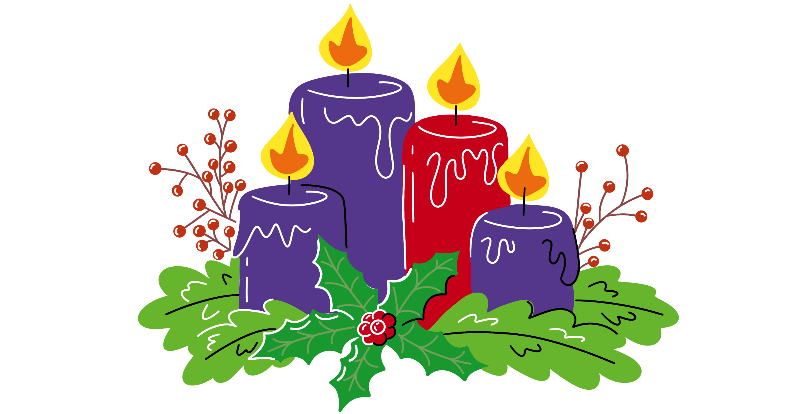 Illustration von drei lila Kerzen und einer roten Kerze, die alle brennen, umgeben von grünen Blättern, Stechpalmen, roten Beeren und dekorativen Zweigen - perfekt für ein Adventsgewinnspiel.