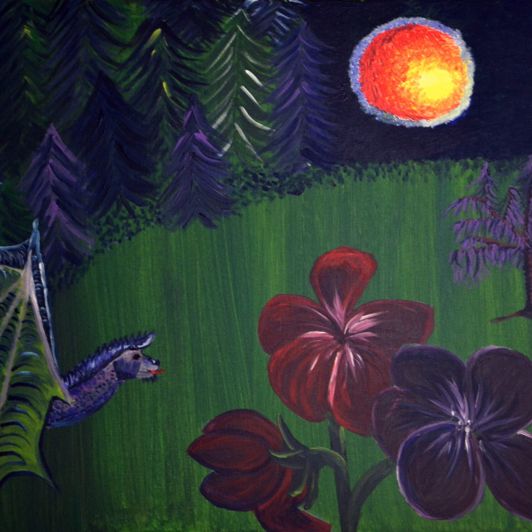 Ein surreales PRODI-Kunstprojekt-Gemälde mit großen roten und violetten Blumen im Vordergrund, einem violetten drachenähnlichen Wesen links, dunkelgrünen Kiefern im Hintergrund, einem verzerrten Baum und einer leuchtenden Sonne oder einem Mond am Nachthimmel - Bilder die Geschichten erzählen.