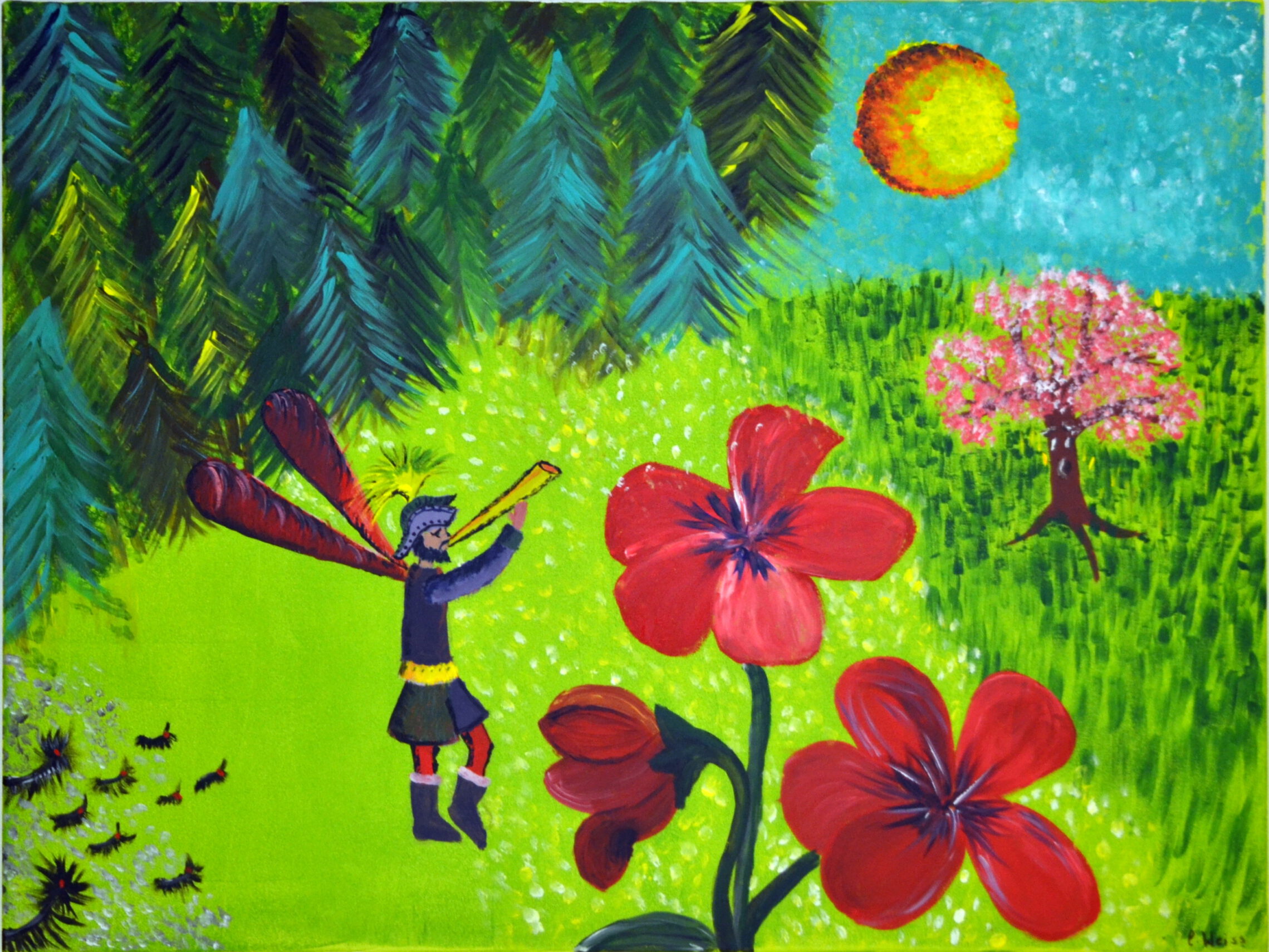 Ein farbenfrohes Gemälde aus einem PRODI-Kunstprojekt zeigt eine Fee, die auf einer bunten Wiese ein Horn spielt, große rote Blumen, einen blühenden Baum, strahlende Sonne, grünes Gras, Kiefern und Vögel, die nach links fliegen - ein Bild, das Geschichten erzählt.