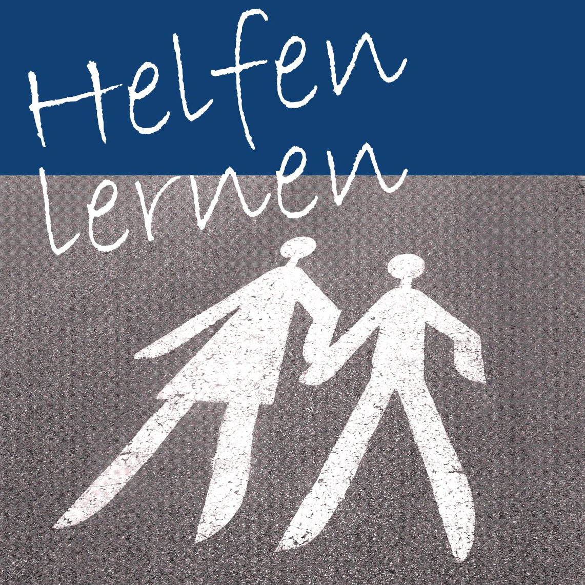 Weiße Streetart mit zwei Figuren, die sich auf dem Asphalt an den Händen halten, eine davon im Rock, darüber die handschriftlichen Worte 