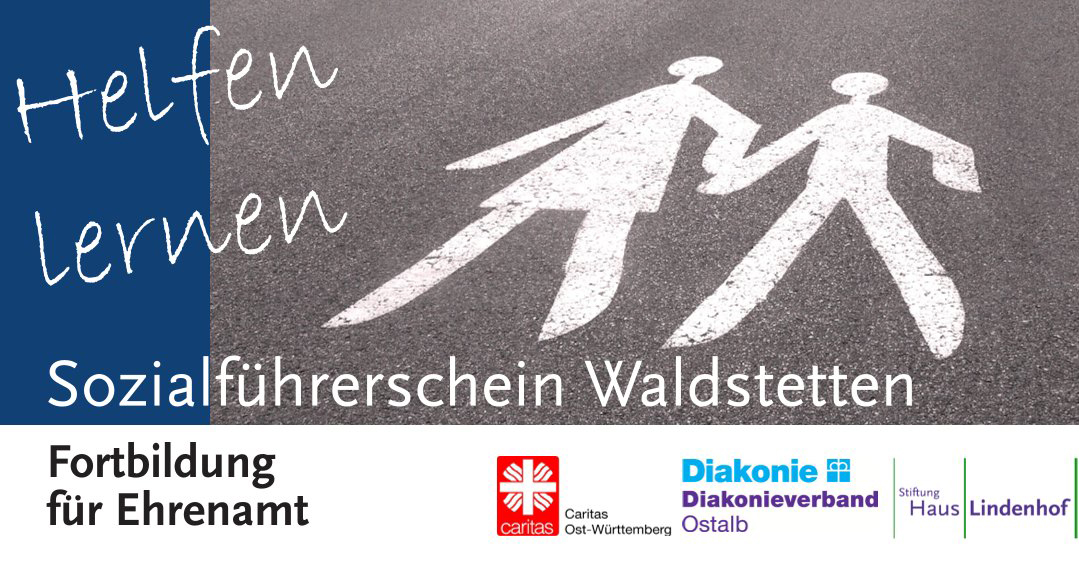 Grafik mit zwei weißen Scherenschnittfiguren, die sich an den Händen halten, Text: Sozialführerschein Waldstetten - Helfen lernen. Fortbildung für Ehrenamt mit Logos von Caritas, Diakonie und Stiftung Haus Lindenhof.