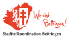 Logo mit rotem Kartenausschnitt, weißem Schild mit rotem Kreuz, roter Schrift "Wir sind Bettringen!" und darunter schwarzer Schrift "Stadtteilkoordination Bettringen", die die Verbundenheit der Gemeinde mit Waldstetten hervorhebt.