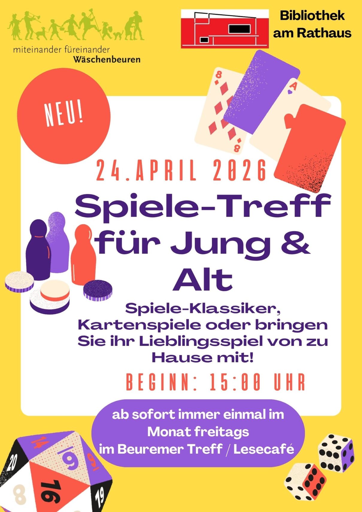 Plakat für einen Spieletreff am 24. April 2026 in der Bibliothek. Mit Brettspielelementen, Würfeln, Karten, Spielsteinen und Veranstaltungshinweisen für alle Altersgruppen in einem farbenfrohen Design - Teil des Quartiersprojekts Wäschenbeuren Nachbarschaftshilfe. Plakat für einen Spieletreff am 24. April 2026 in der Bibliothek. Mit Brettspielelementen, Würfeln, Karten, Spielsteinen und Veranstaltungshinweisen für alle Altersgruppen in einem farbenfrohen Design - Teil des Quartiersprojekts Wäschenbeuren Nachbarschaftshilfe.