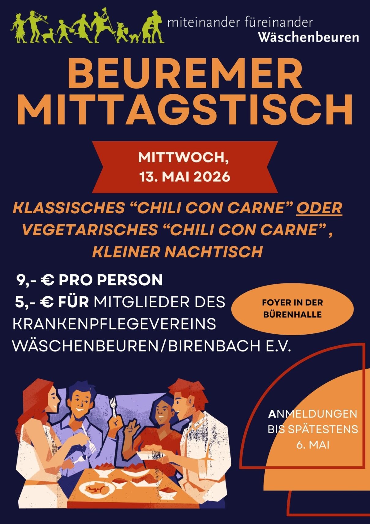 Plakat für das Gemeinschaftsessen des Quartiersprojekts Wäschenbeuren am Mittwoch, 13. Mai 2026. Genießen Sie Chili con Carne (normal oder vegetarisch), Dessert und gute Gesellschaft. Enthält den Preis, Informationen zum Veranstaltungsort und den Anmeldeschluss am 6. Mai. Illustrierte Menschen essen gemeinsam. Plakat für das Gemeinschaftsessen des Quartiersprojekts Wäschenbeuren am Mittwoch, 13. Mai 2026. Genießen Sie Chili con Carne (normal oder vegetarisch), Dessert und gute Gesellschaft. Enthält den Preis, Informationen zum Veranstaltungsort und den Anmeldeschluss am 6. Mai. Illustrierte Menschen essen gemeinsam.