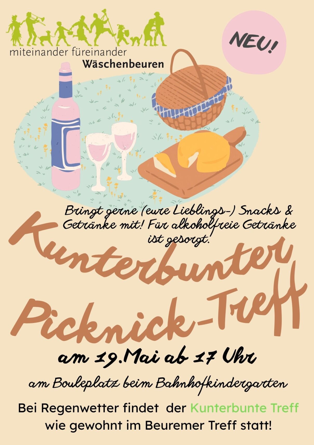 Buntes Picknick-Event-Plakat mit Picknick-Essen, Wein, Brot, Blumen und Obst auf einer Decke. Der deutsche Text lädt die Einwohner von Wäschenbeuren zu einem Quartiersprojekt-Picknick am 19. Mai um 17 Uhr ein - bringen Sie Snacks und Getränke mit! Details zur Veranstaltung und Regenplan inklusive. Buntes Picknick-Event-Plakat mit Picknick-Essen, Wein, Brot, Blumen und Obst auf einer Decke. Der deutsche Text lädt die Einwohner von Wäschenbeuren zu einem Quartiersprojekt-Picknick am 19. Mai um 17 Uhr ein - bringen Sie Snacks und Getränke mit! Details zur Veranstaltung und Regenplan inklusive.