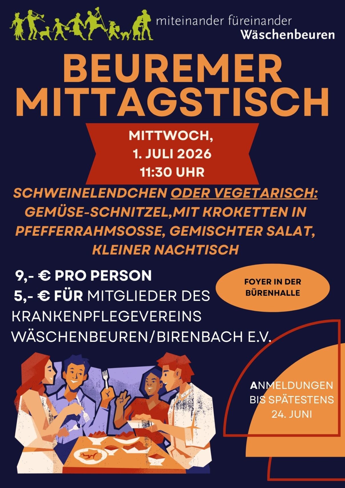 Veranstaltungsplakat für den Beuremer Mittagstisch, Teil des Quartiersprojekts Wäschenbeuren, am 1. Juli 2026, um 11:30 Uhr. Enthält Essensoptionen und Preise, mit illustrierten Personen, die gemeinsam essen, unten. Veranstaltungsplakat für den Beuremer Mittagstisch, Teil des Quartiersprojekts Wäschenbeuren, am 1. Juli 2026, um 11:30 Uhr. Enthält Essensoptionen und Preise, mit illustrierten Personen, die gemeinsam essen, unten.