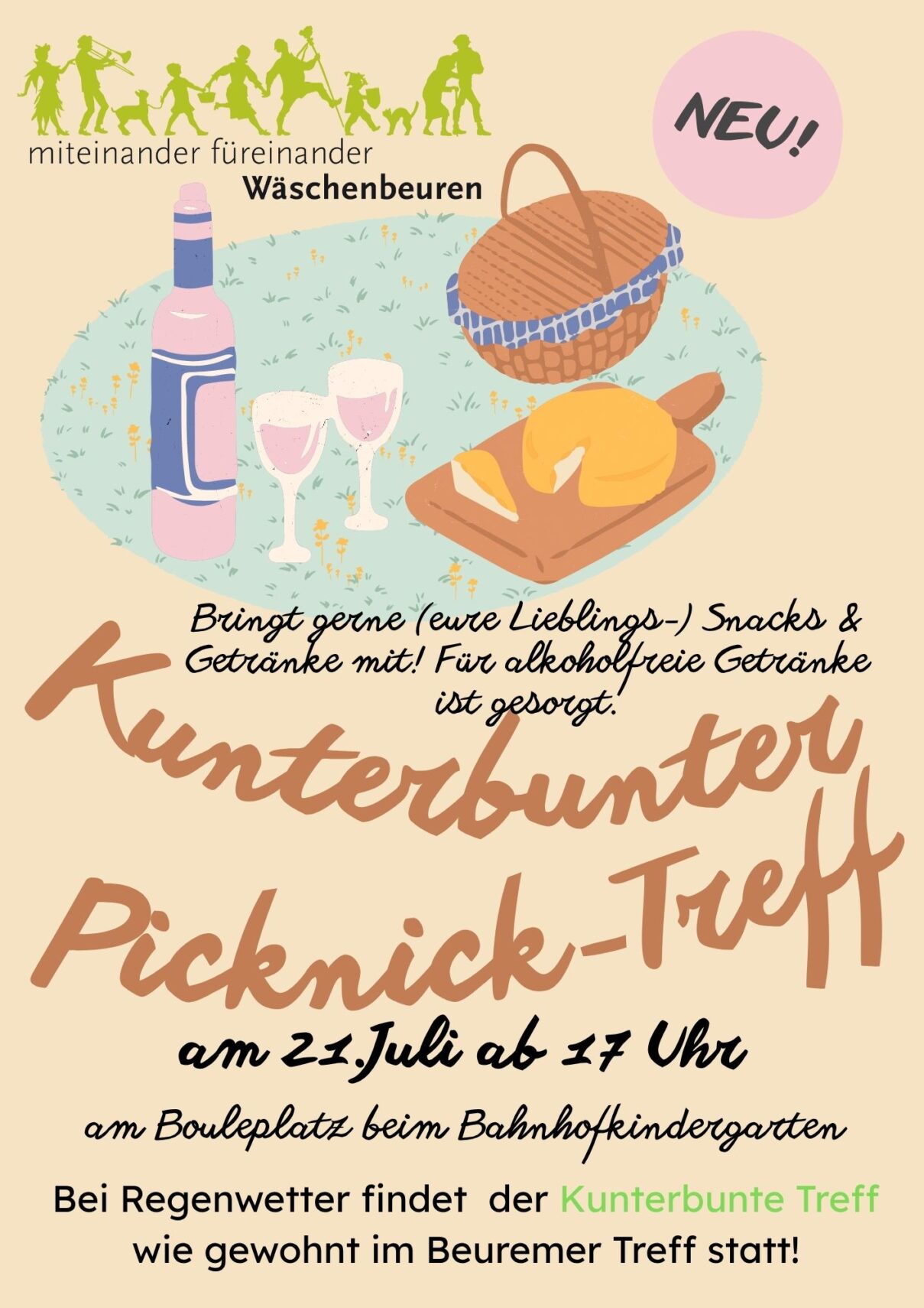 Farbenfroher Flyer für ein Picknick im Rahmen des Quartiersprojekts Wäschenbeuren mit Zeichnungen einer Decke, von Wein, Käse und Obst. Kommt vorbei – bringt Snacks und Getränke mit – am 21. Juli um 17 Uhr in Wäschenbeuren!. Farbenfroher Flyer für ein Picknick im Rahmen des Quartiersprojekts Wäschenbeuren mit Zeichnungen einer Decke, von Wein, Käse und Obst. Kommt vorbei – bringt Snacks und Getränke mit – am 21. Juli um 17 Uhr in Wäschenbeuren!.